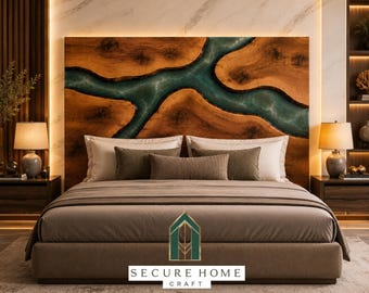 Handmade Wood & Teal Epoxy Resin River Bed Headboard Live Edge Wooden Headboard Modern Luxury Bedroom Wall Panel King Queen Bed Decor