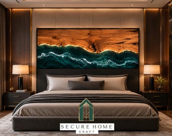 Cabecero de cama de resina epoxi hecho a mano con diseño de olas marinas, cabecero de pared de madera con borde natural, cabecero tamaño king, decoración de dormitorio moderna de lujo