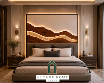 Cabecero de cama de madera de lujo, cabecero de madera con diseño de olas hecho a mano, cabecero moderno tamaño king, panel de pared de dormitorio retroiluminado, decoración de cama de madera personalizada