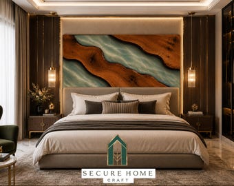 Handmade Live Edge Epoxy Resin Bed Headboard Solid Walnut Wood River Headboard Luxury Modern Headboard Custom Wooden Bedroom Headboard