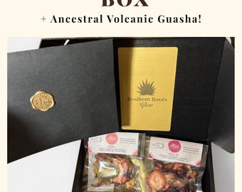 Set de regalo de lujo para el Día de la Madre: Productos botánicos latinos tradicionales y caja para la ceremonia ancestral de Gua Sha volcánica.