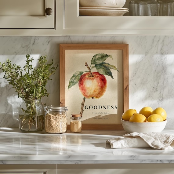 Goodness Fruit of the Spirit Printable Art, Christian Wall Decor, Bible Verse Print, Apple Botanical Art, Galatians 5:22-23, FOTS by CuriousFaithStudio