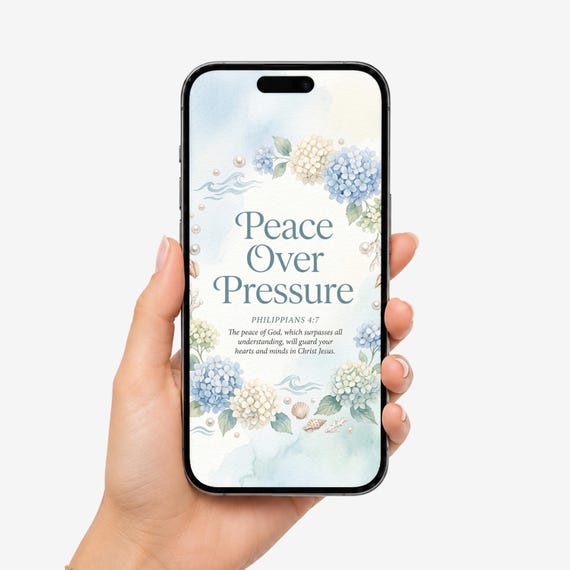 Peace Over Pressure Christian Phone Wallpaper | Feminine Bible Verse Wallpaper | Coastal Hydrangea Christian Lock Screen by CuriousFaithStudio