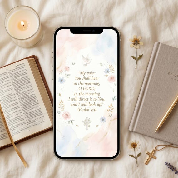 Morning Prayer Christian Phone Wallpaper, Psalm 5:3 Bible Verse Wallpaper, Feminine Faith iPhone Lock Screen, Digital Download by CuriousFaithStudio