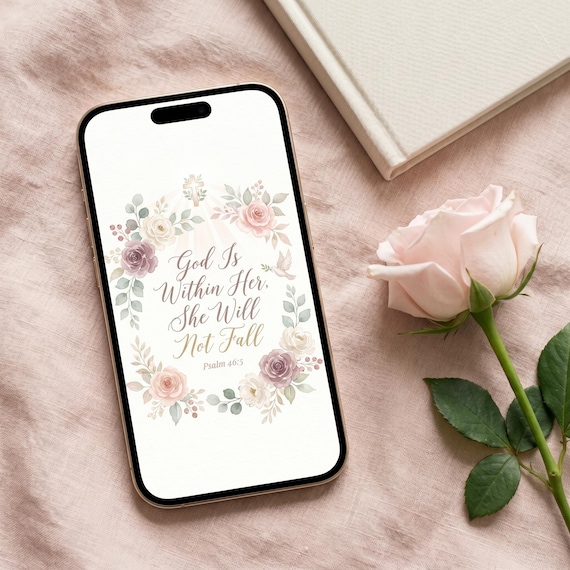 God Is Within Her Christian Phone Wallpaper, Psalm 46:5 Bible Verse Wallpaper, Floral iPhone Lock Screen, Faith Wallpaper by CuriousFaithStudio