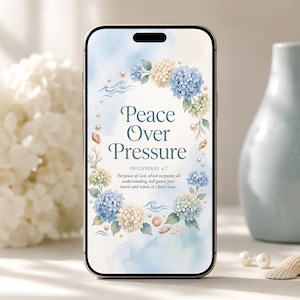 Fondo de pantalla cristiano "Paz sobre la presión" / Fondo de pantalla con versículo bíblico femenino / Pantalla de bloqueo cristiana con hortensias costeras