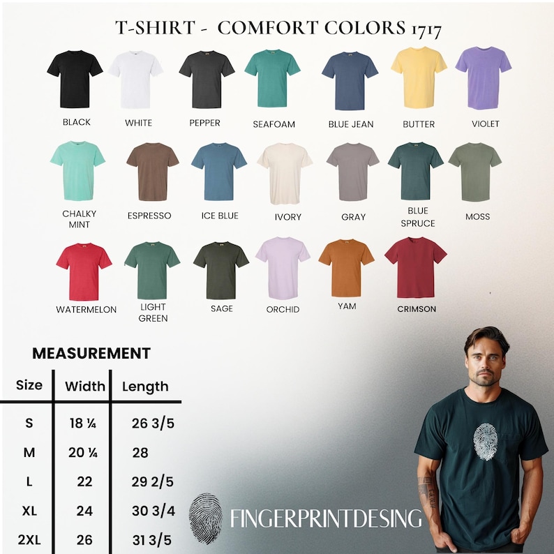K&ouml;nnte beinhalten: Eine Comfort Colors 1717 T-Shirt-Farbkarte mit einundzwanzig einfarbigen Optionen, darunter Schwarz, Wei&szlig;, Pfeffer, Meerschaum, Blue Jean, Butter, Violett, Chalky Mint, Espresso, Eisblau, Elfenbein, Grau, Blaufichte, Moos, Wassermelone, Hellgr&uuml;n, Salbei, Orchidee, Yamswurzel und Karmesinrot. Eine Ma&szlig;tabelle listet die Gr&ouml;&szlig;en S bis 2XL in Zoll auf. Ein dunkelgr&uuml;nes T-Shirt mit einem wei&szlig;en Fingerabdruck-Grafikdruck ist abgebildet.