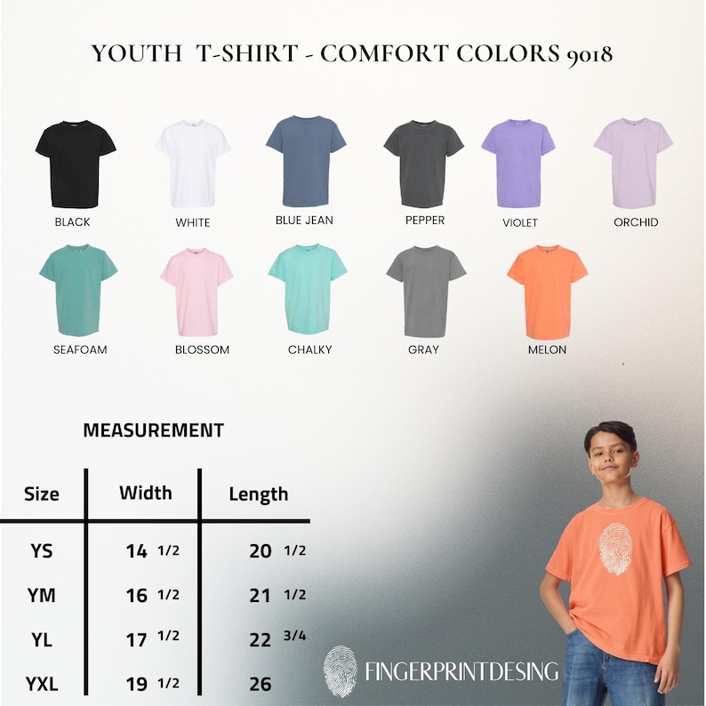 K&ouml;nnte beinhalten: Eine Comfort Colors 9018 Jugend-T-Shirt-Farbkarte mit den Farben Schwarz, Wei&szlig;, Blue Jean, Pepper, Violett, Orchidee, Seafoam, Blossom, Chalky, Grau und Melon. Eine Gr&ouml;&szlig;entabelle zeigt Breiten und L&auml;ngen in cm f&uuml;r die Gr&ouml;&szlig;en YS, YM, YL und YXL.