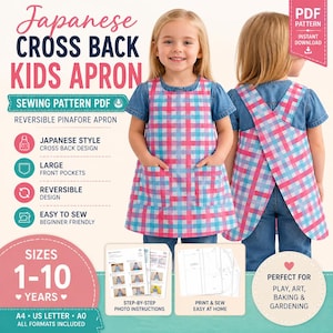 May include: A digital sewing pattern for a reversible kids' cross-back pinafore apron featuring a pink and blue plaid pattern. The apron includes large front pockets and a cross-back design. The PDF includes instructions for sizes 1-10 years.