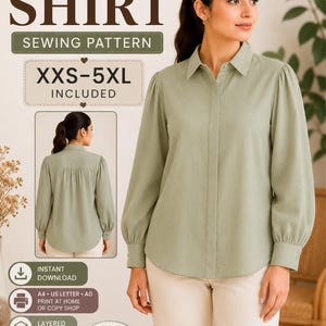 Puede incluir: Un patrón de costura digital para una camisa de manga larga con cuello, cierre de botones frontal y puños fruncidos. El texto dice SHIRT SEWING PATTERN, XXS-5XL INCLUDED, INSTANT DOWNLOAD, A4 US LETTER A0 PRINT AT HOME OR COPY SHOP, LAYERED PDF.