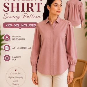 Women Shirt Pattern PDF | Shirt Sewing Pattern | Button Up Collar Shirt | XXS-5XL | A4 US Letter A0 | Instant Download