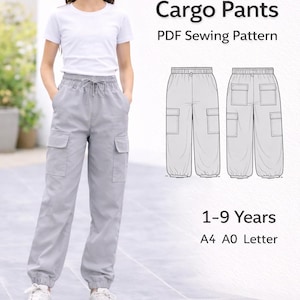 Kids Cargo Pants Sewing Pattern PDF | Elastic Waist Wide Leg Kids Pants Pattern | Cargo Joggers | Trousers Pattern A0 A4 US