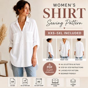 Relaxed Button Up Shirt Sewing Pattern PDF | Women's Oversized Blouse | XXS-5XL | A4 US Letter A0 | Digital Download