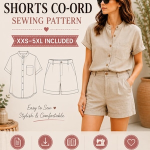 Women's Shirt & Shorts Sewing Pattern PDF | Relaxed Summer Co-Ord Set | XXS–5XL | A4 US Letter A0 | Digital Download