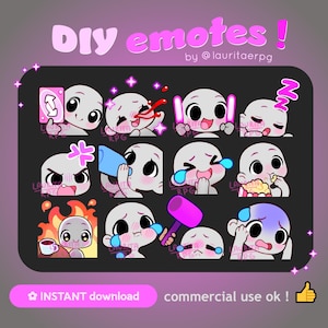 Peut inclure: Ensemble d'émoticônes de dessins animés avec diverses expressions, comme pleurer, dormir et tenir des objets. Le texte "DIY emotes!" et "INSTANT download commercial use ok!" est affiché en rose sur fond sombre.