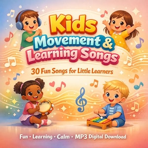May include: A colorful illustration for children's music. The image features four cartoon children with musical instruments and musical notes. Text reads "Kids Movement & Learning Songs" and "30 Fun Songs for Little Learners."