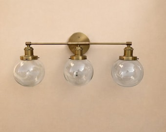 3-punktowy kinkiet ścienny z mosiężną lampką do łazienki - oprawa oświetleniowa do lustra łazienkowego, przezroczysta szklana lampa ścienna, nowoczesna dekoracja ścienna w stylu industrialnym
