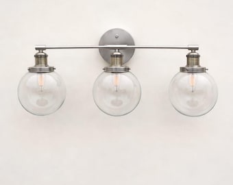3 hell Glaskugel Wandleuchte - Mid Century moderne Badezimmer Eitelkeits-Licht | Industrielle Messing Waschtisch Beleuchtung | Spiegel Wand Befestigung