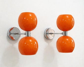 Applique murale orange à double globe - Luminaire pour meuble-lavabo Mid-Century en laiton | Applique murale de salle de bain | Paire d'appliques de chevet