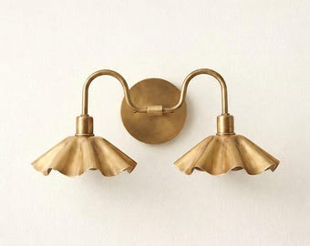 Mid Century Modern Brass Double Wall Sconce, Ruffle Shade Vanity Light, Antique Brass Bathroom Wall Lamp, Dual Arm Stilnovo Style Sconce