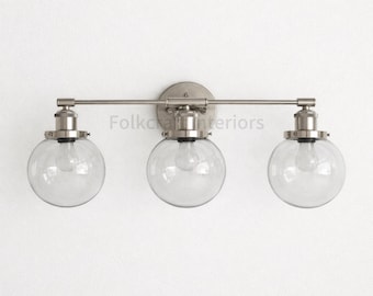 Modern Brass 3 Light Globe Wall Sconce - Clear Glass Wall Light Fixture, Industrial Wall Decor Lighting for Bathroom or Bedroom