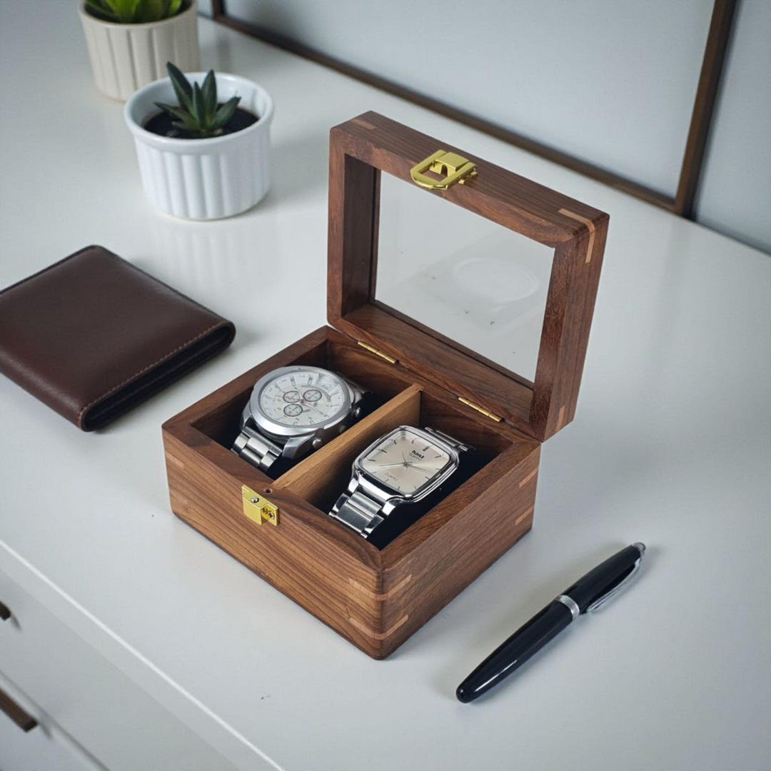 Two Watch Box Rosewood Watch Display Box With Glass Top, 2-slot Storage Case, Brass ...