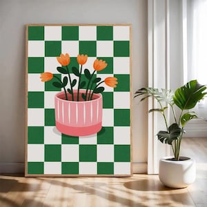 Mid Century Plant Print, Scandinavian Checkerboard Wall Art, Retro Flower Pot Poster, Nordic Minimalist Kitchen Decor