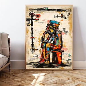 Könnte beinhalten: Abstrakter Kunstdruck mit einer farbenfrohen Figur mit Hut, die sitzt und nachdenkt. Das Kunstwerk verwendet kräftige Linien und eine lebendige Palette aus Rot, Blau, Gelb und Orange. Der Druck ist in einem Holzrahmen gerahmt.