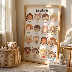 Könnte beinhalten: Ein gerahmtes Lehrposter mit dem Titel "Emotions" zeigt Cartoon-Illustrationen von Kindern, die verschiedene Gefühle wie glücklich, traurig und müde ausdrücken. Das Poster befindet sich in einem hellen Holzrahmen und wird in einem hellen Raum gezeigt.