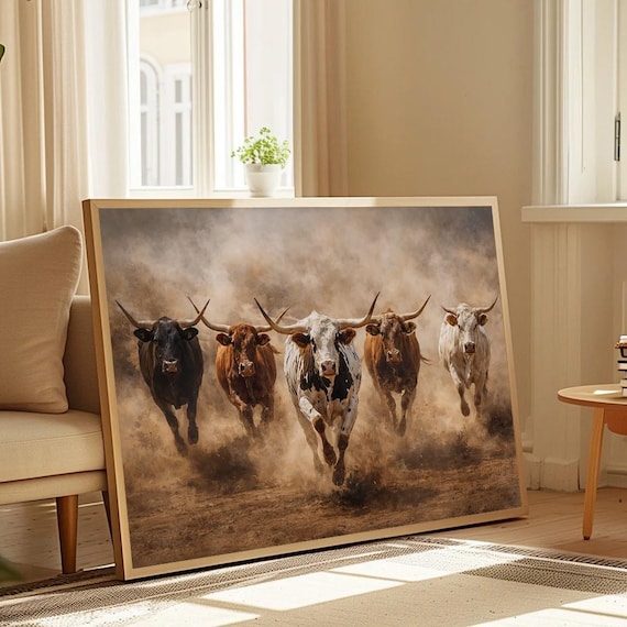 Western Longhorn Wall Art, Running Cattle Canvas, Rustic Ranch Decor, Farm Animal Art, Neutral Western Home Decor