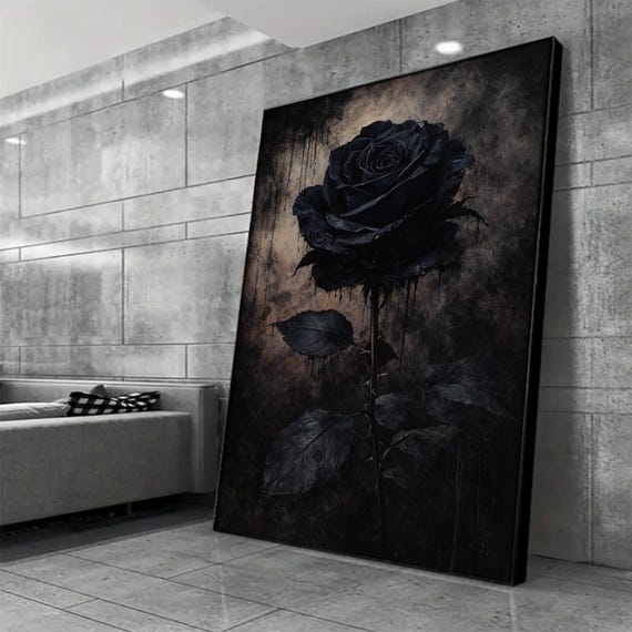 Dark Rose Wall Art, Black Floral Canvas Painting, Moody Flower Artwork for Home Decor and Gift