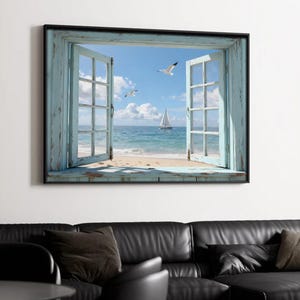 Lienzo decorativo con vista costera desde una ventana, impresión de velero con gaviota y brisa marina, póster con paisaje de playa desde una ventana