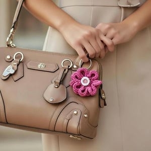 Handmade Crochet Flower Keyring | Raspberry Pink Cotton, Wooden Button | Mother’s Day | Easter gift