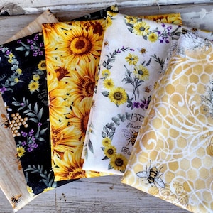Honey Bees and Sunflowers Fabric Fat Quarters Cotton Set of 5 by Hi Fashion Quilting Cotton and Crafts