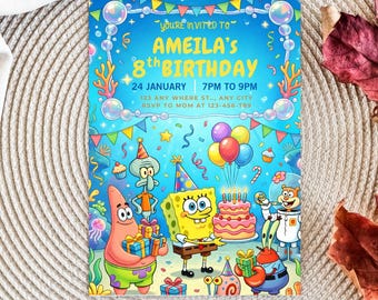Invitación de cumpleaños de una esponja de dibujos animados, fiesta bajo el mar (descarga digital)