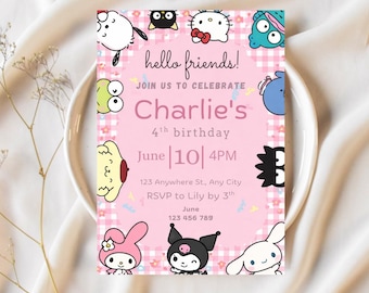 Invitación de cumpleaños estilo kawaii, temática de amigos de dibujos animados rosas, plantilla editable de Canva (descarga digital)
