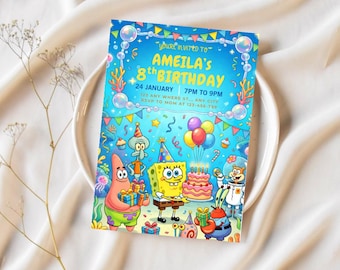 Cartoon Sponge Birthday Invitation, Under the Sea Party (Digital Download)