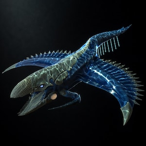 Könnte beinhalten: Eine digitale Darstellung einer blau-grauen Wasserkreatur mit scharfen Flossen und einem langen Schnabel. Die Kreatur hat leuchtend blaue Augen und eine strukturierte, gemusterte Oberfläche, vor schwarzem Hintergrund.