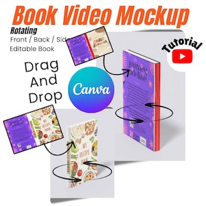 Può includere: Un mockup di libro con una copertina viola e il testo "the journey adeline." L'immagine include il testo "Book Video Mockup," "Drag And Drop," e un logo Canva. È presente anche un'icona del tutorial di YouTube.