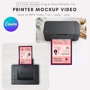 Op de afbeelding: Een printer mockup video met twee printers, waarvan één een Valentijnsdag uitnodiging afdrukt. De uitnodiging toont een jurk, smoking en het nummer 14. De tekst op de uitnodiging bevat "Dresscode" en "Place & Time". De afbeelding bevat ook het Canva logo.
