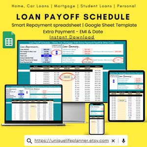 May include: A digital loan payoff schedule displayed on a laptop, tablet, and smartphone. The spreadsheet template includes sections for loan requirements, loan summary, and payment details, with the text "LOAN PAYOFF SCHEDULE".