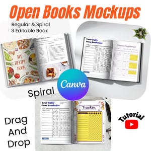 Puede incluir: Imagen de maquetas de libros abiertos con el texto "Open Books Mockups" en naranja. Se muestra un libro de recetas, un recordatorio de dosis diaria y un rastreador de suplementos. La palabra "Canva" está en un círculo azul.