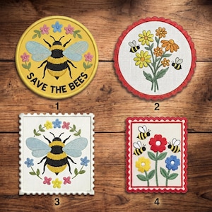 May include: Four embroidered patches with bee and floral designs. One patch is round with the text "SAVE THE BEES". Other patches feature bees with flowers. The patches have a variety of colors, including yellow, blue, red, and white.