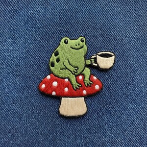 Frog on Mushroom with Coffee Cup Embroidered Patch, Cottagecore Theme, Iron On Patch, Nature Lovers, Jacket Backpack Accessory