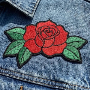 Classic Floral Embroidered Patch, Large Red Rose, Iron On Patch, Biker Punk, Denim Jacket DIY, Botanist Apparel
