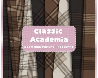 Classic Academia Seamless Papers, 12 Plaid & Tartan Patterns, Vintage Brown Scrapbook Backgrounds