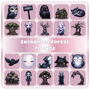 Enchanted Forest PNG Bundle, 77 Fantasy Graphics, Owl Wolf Raven Elf Clipart, Dark Woodland