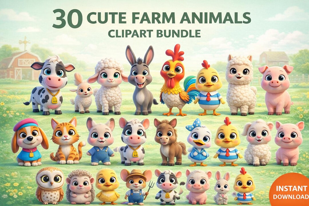 30 Baby Farm Animals Clipart Bundle | Cartoon Kids Crafts (instant ...