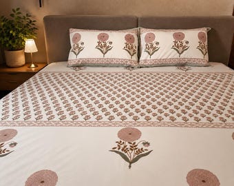 Hand Block Print 100% Percale Cotton Bed Sheet Set, King Flat or Fitted Sheet Set, Floral Indian Bedding, Reversible Pillowcases
