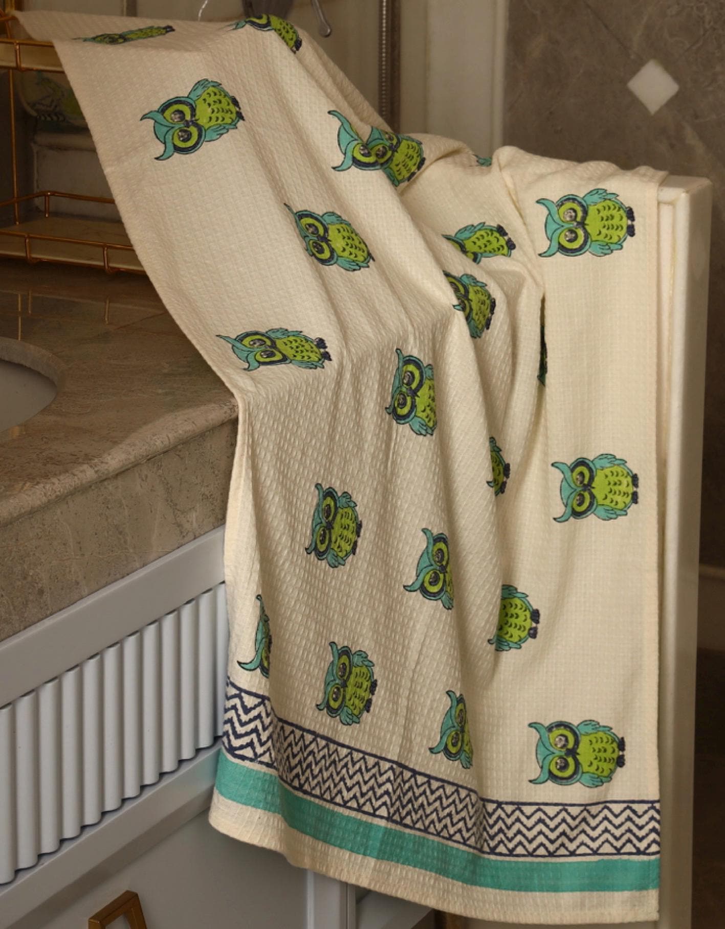 Kids Owl Beach Towel, Waffle Cotton Baby Towel, Hand Block Print Bath Towel, Lightweight Quick Dry P